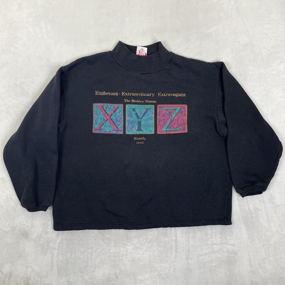 Vintage Justin Allen XTRA Sweatshirt Womens Large Black Mock Neck XYZ Graphic